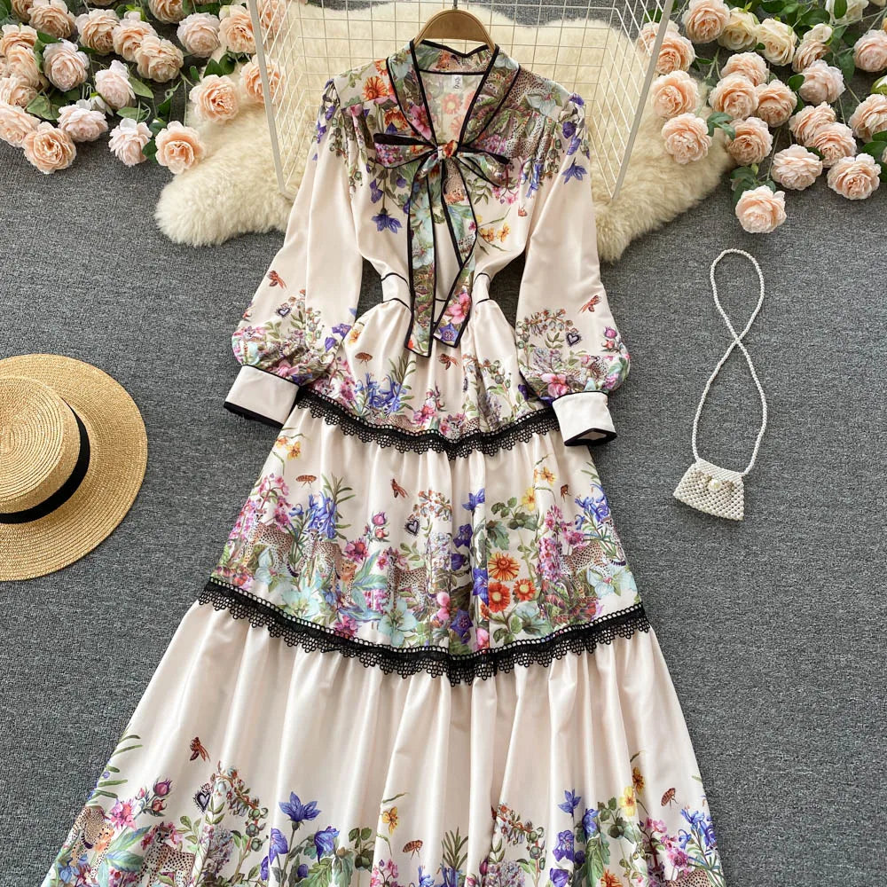 Vintage Elegant Long Dress Women Slim Floral Printed Party Dresses Tie Bow Elastic Waist Lantern Long Sleeve Long Robe Vestidos