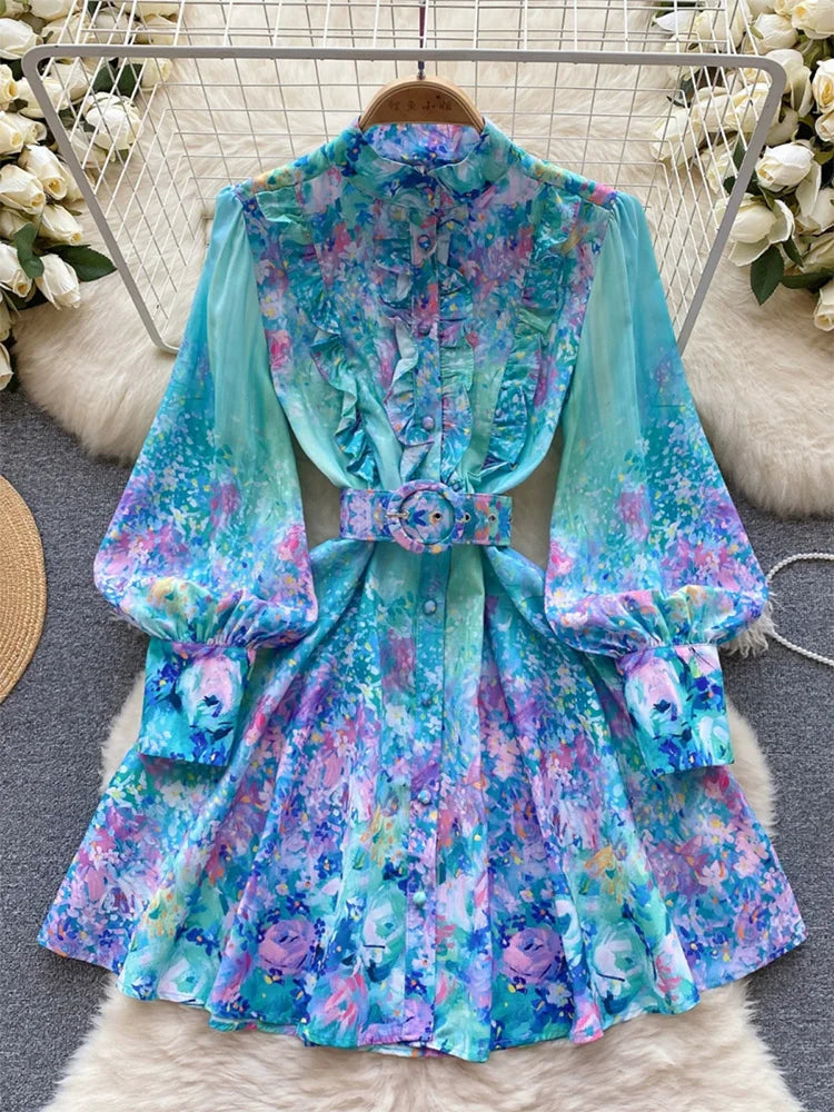 Mini Dresses For Women Frill Trim Long Sleeve Spring Vacation Dress Stand Collar Elegant Vintage Floral Print Dress With Belt