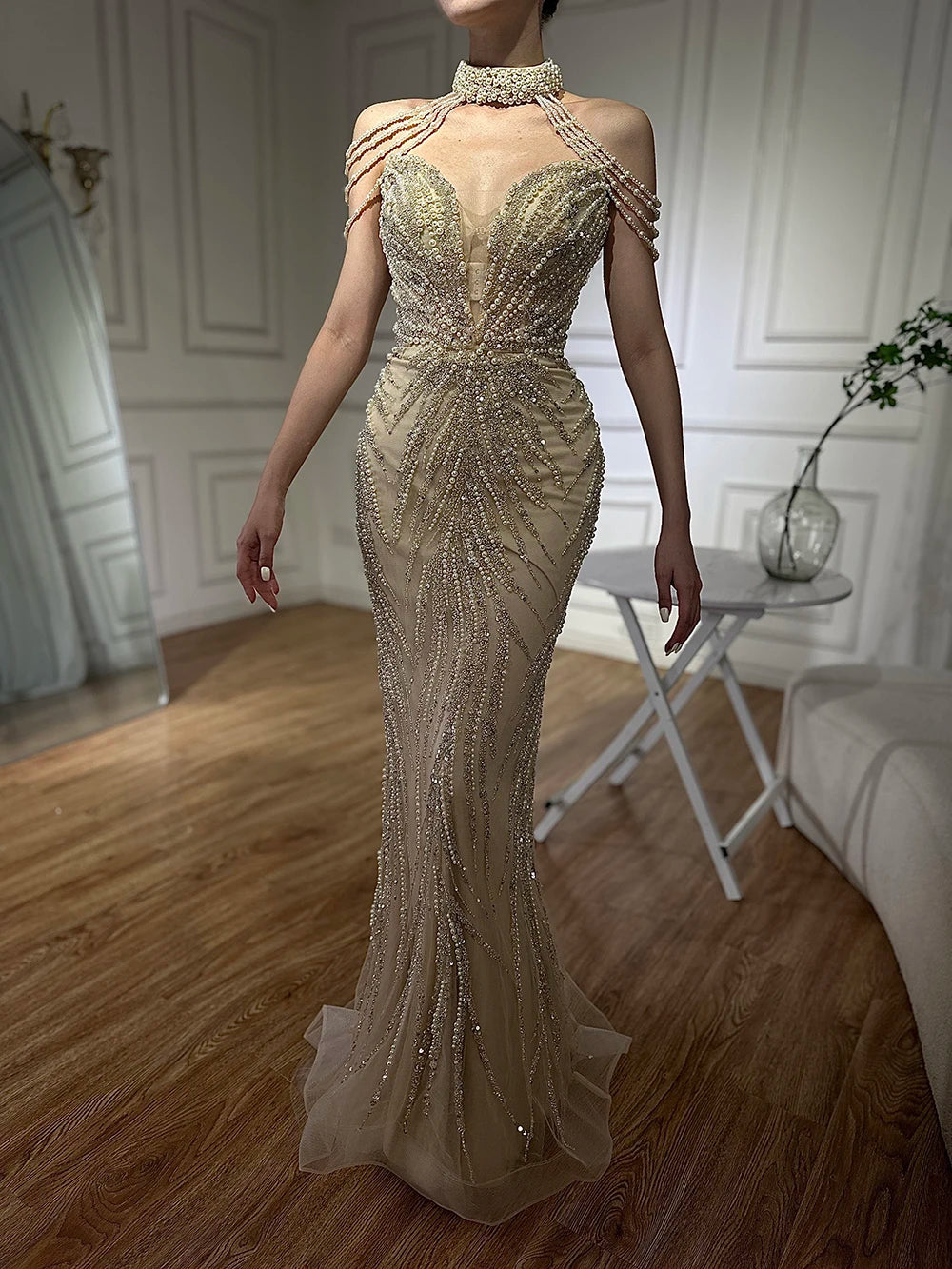 Serene Hill 2024 Arabic Nude Halter Neck Mermaid Pearls Beaded Luxury Dubai Evening Gown for Women's Party LA72696