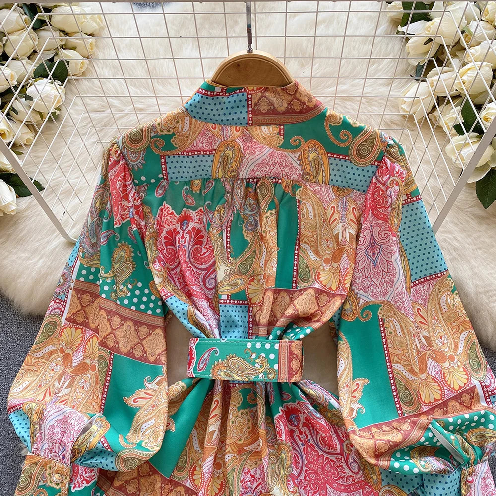 New In Dresses 2024 Spring Vintage Paisley Print Vacation Bohemian Dress Women Stand Collar Long Sleeve Mini Dress With Belt