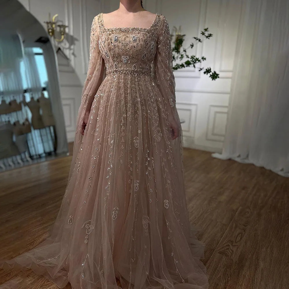Serene Hill 2024 Muslim Pink A Line Beaded Elegant Cape Sleeve Luxury Evening Dresses Gowns For Women Wedding Party LA71803A