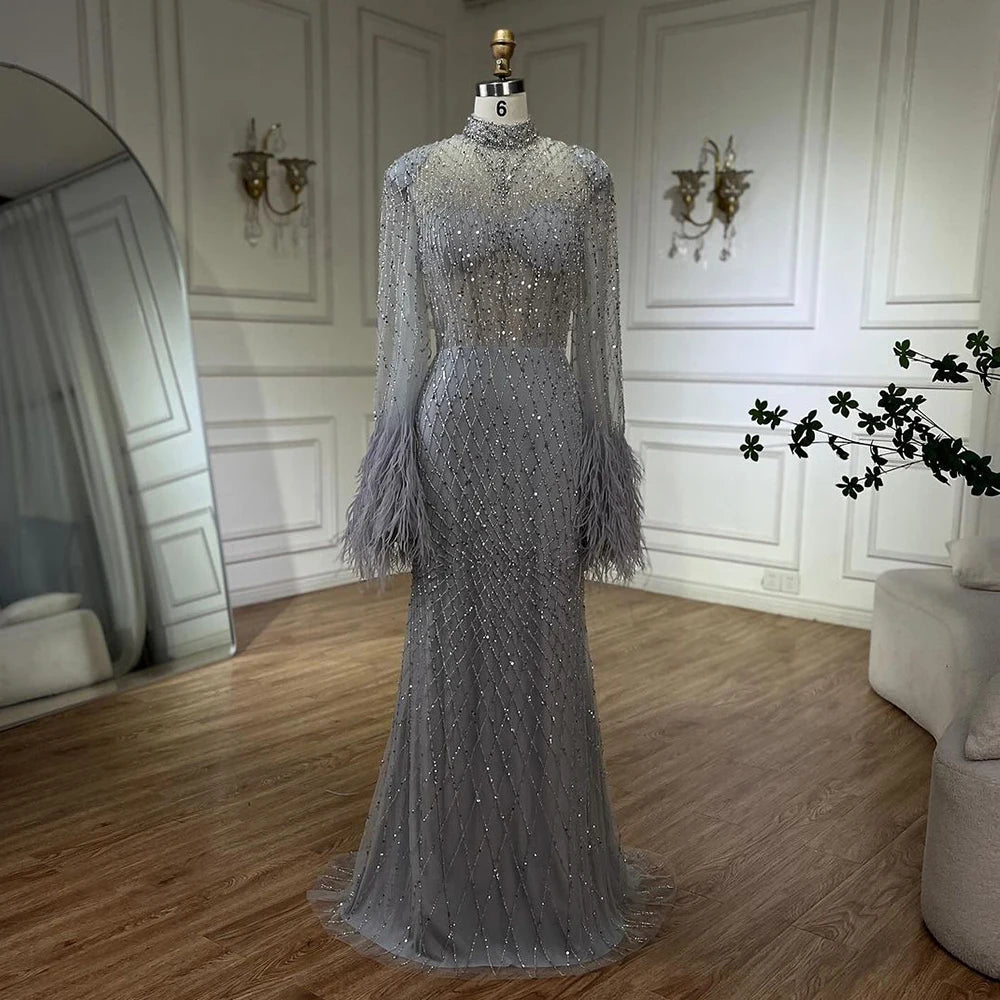 Serene Hill 2024 Women Wedding Party Dubai Gowns Nude Illusion Cut Out Lace Beaded Feathers Mermaid Long Evening Dresses LA72394