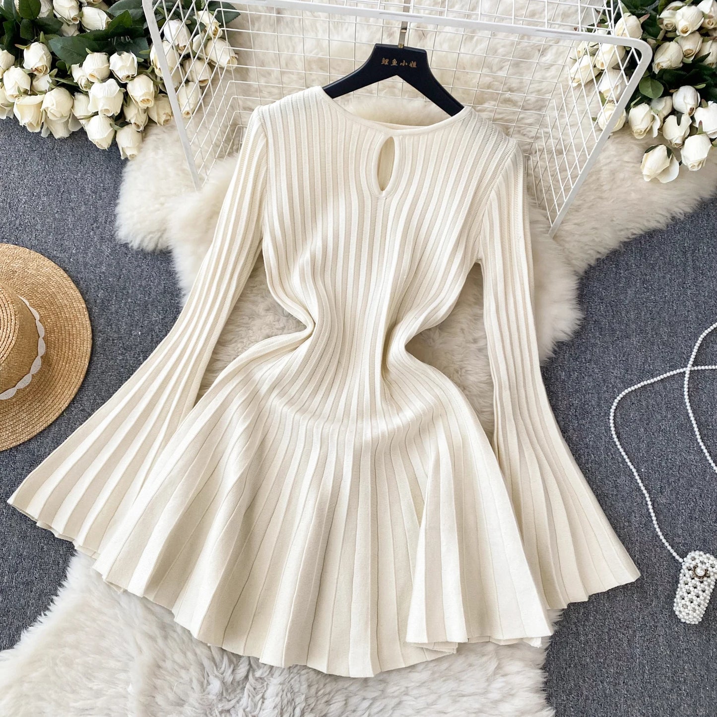 Women Chic Elegant O Neck Long Sleeve Dress French Sexy Fashion Knit Elastic Slim A-line Mini Dress
