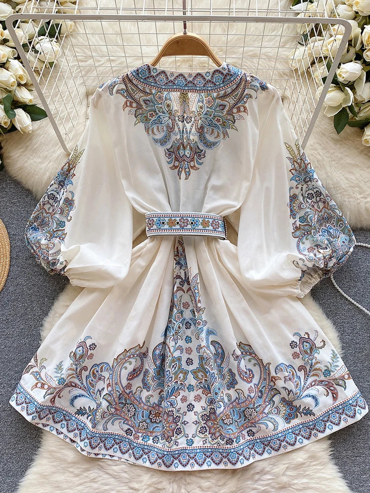 Bohemian Dresses For Women 2024 V Neck 3/4 Sleeve Spring Summer Vacation Mini Dress With Belt Boho Vintage Paisley Print Dress