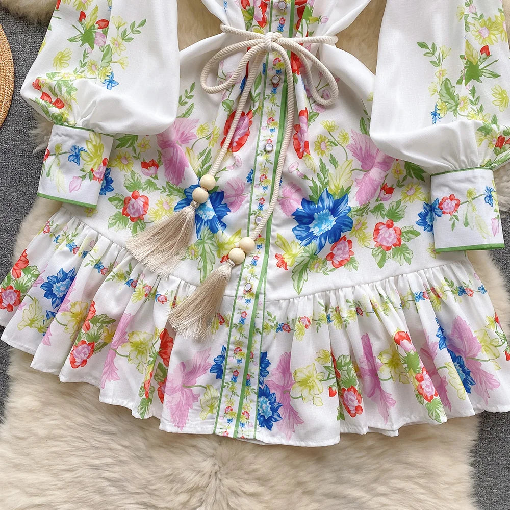 Clothes For Women Dresses 2024 Spring Ruffle Hem Vintage Floral Print Dress Stand Neck Long Sleeve Holiday Mini Dress With Belt
