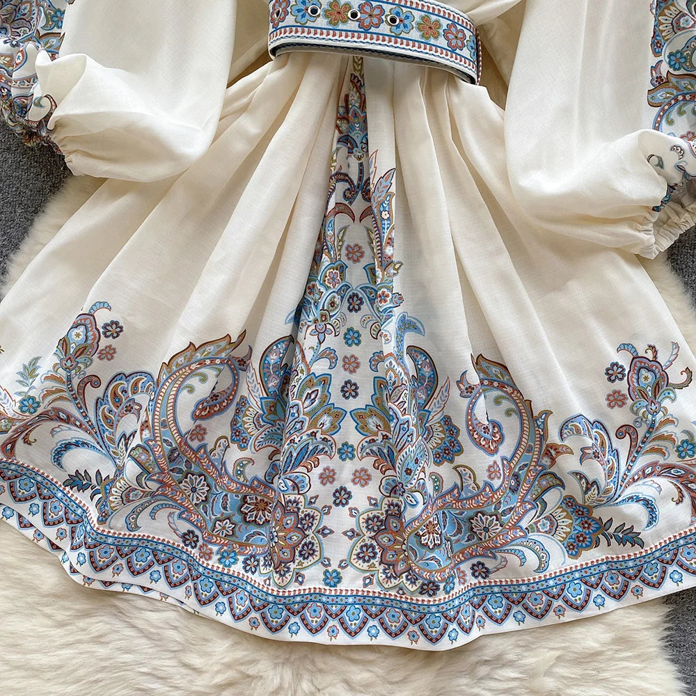 Bohemian Dresses For Women 2024 V Neck 3/4 Sleeve Spring Summer Vacation Mini Dress With Belt Boho Vintage Paisley Print Dress