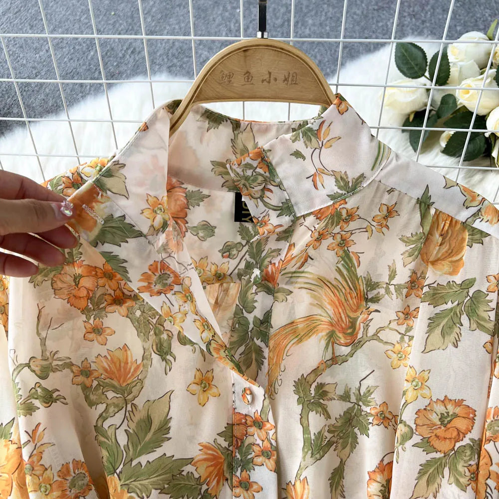 Elegant Party Dresses For Women Stand Collar Vintage Floral Print Dress Long Sleeve Holiday Beach Chiffon Mini Dress With Belt