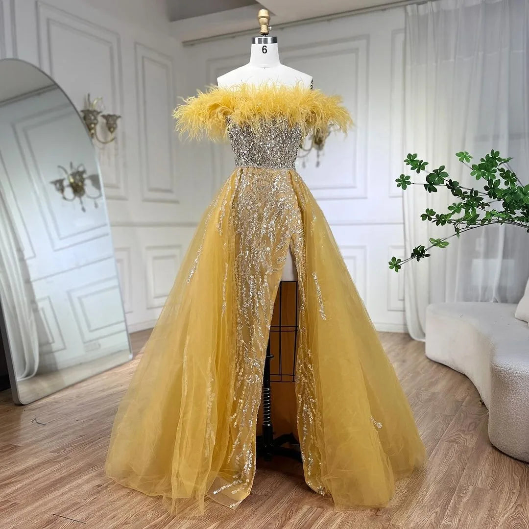 SERENE HILL 2024 Blue Feather Mermaid Luxury Beaded Evening Dresses Overskirt Formal Pink Gowns For Women Wedding Party GLA72061