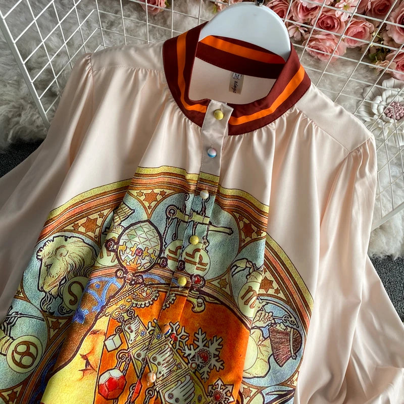 Women Printed Two Piece Set Retro Chic Spring Fragmented Flower Shorts+Long Sleeve Shirt Top Elegant Suits Spring Summer Outfits