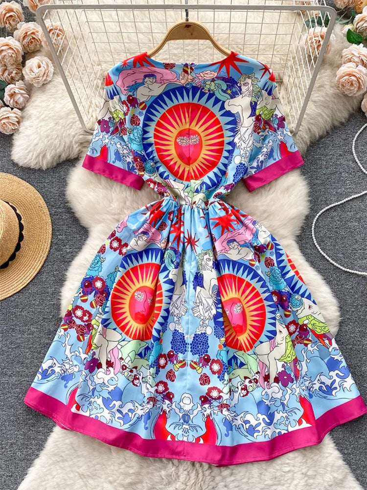 Fashion Vintage Print Summer Dresses For Women 2024 Round Neck Short Sleeve Mini Dress Elegant Party Dresses Womens Clothing