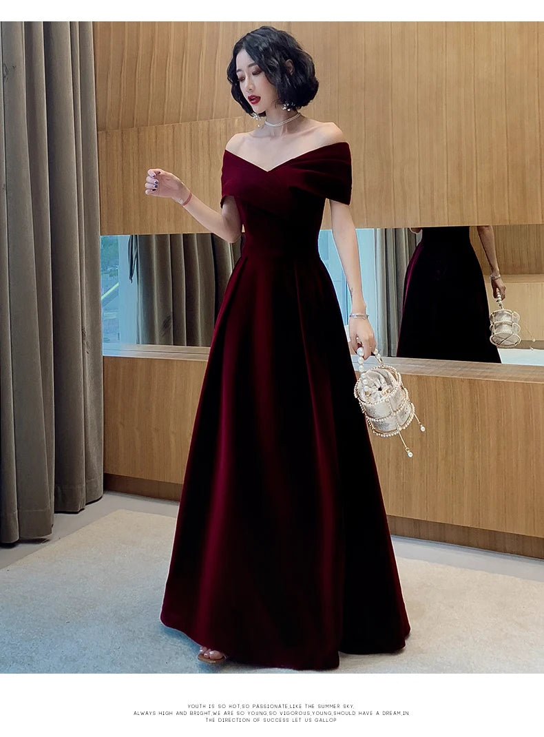 Lautaro Spring Long Luxury Elegant Wine Red Soft Velvet Evening Party Wedding Dresses for Women 2022 Off Shoulder Maxi Dress