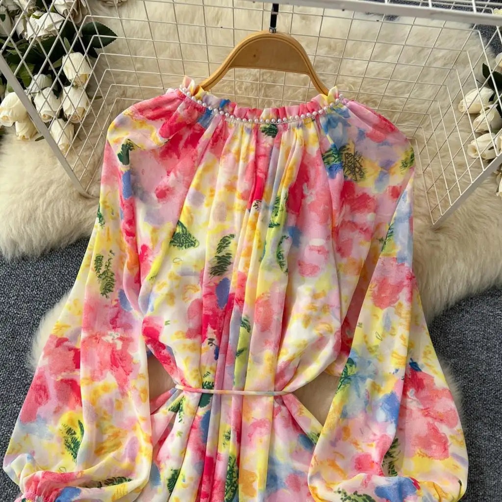 Elegant Floral Print Party Dress for Women French O-Neck Embroidered Flares Lace Up Lantern Long Sleeves Chiffon Long Dresses