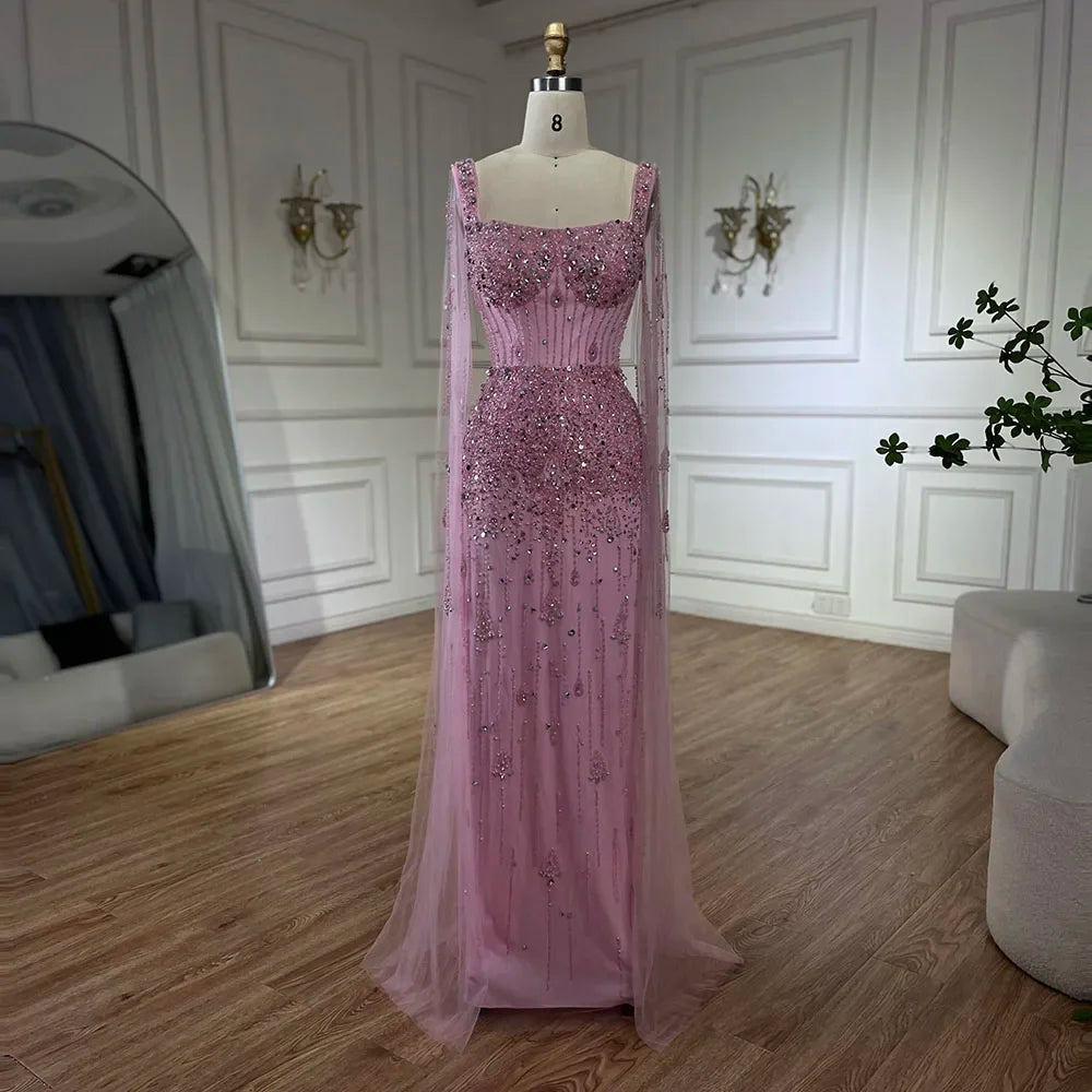 Serene Hill Arabic Gray Mermaid Beaded Luxury Dubai Long Evening Gown with Cape Sleeves Elegant for Women - Party 2024 BLA72592