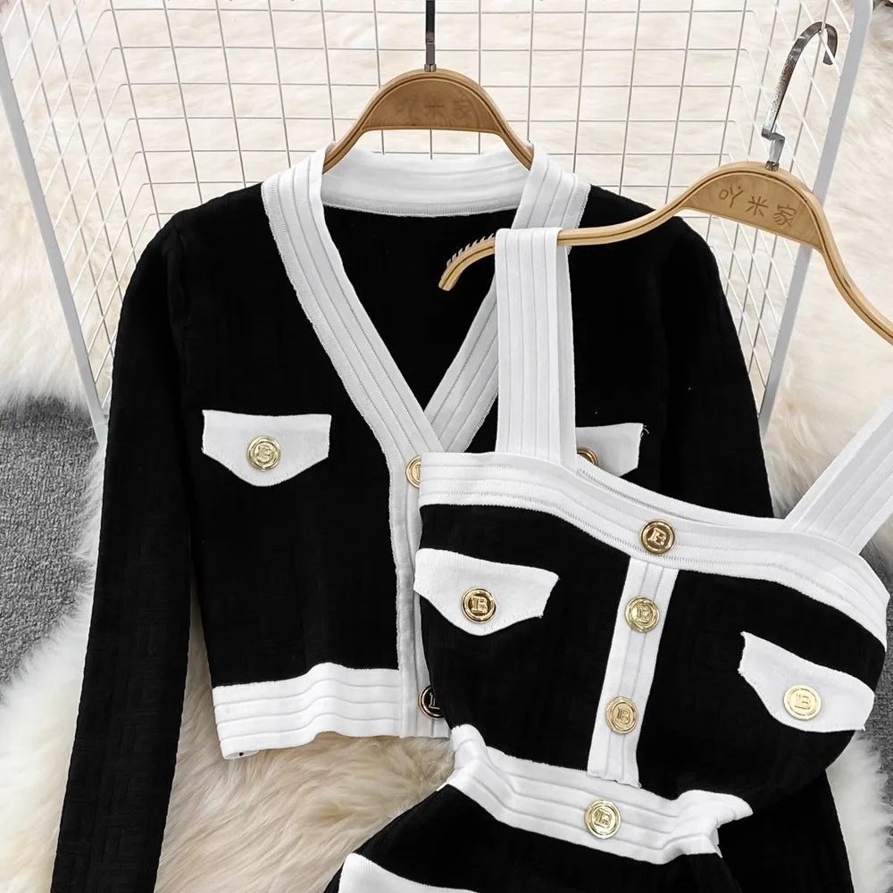 Spring Autumn New Trendy Knitted Two Piece Set for Women Vintage Elegant Slim Suits V-neck Short Cardigan+Mini Hip Wrap Dress