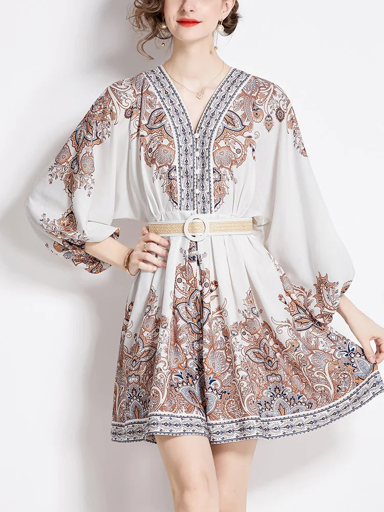 Holiday Dress For Women 2024 Bohemian Vintage Paisley Print Dress Spring 3/4 Sleeve V Neck Elegant Party Short Dresses With Belt