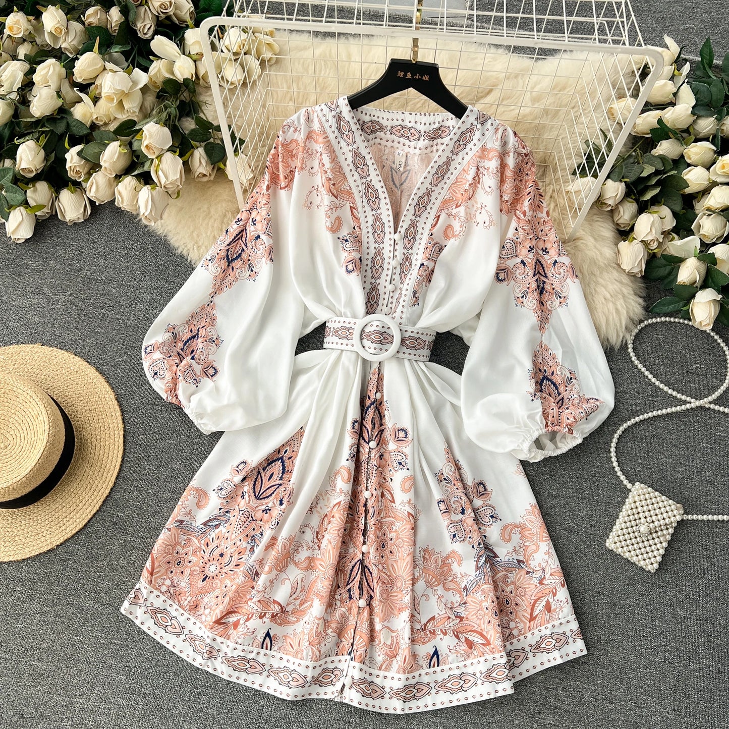 Vintage Print Elegant V-eck Single Breasted Lantern Long Sleeve Dress A-line Casual Women Fashion Summer Spring Vestidos