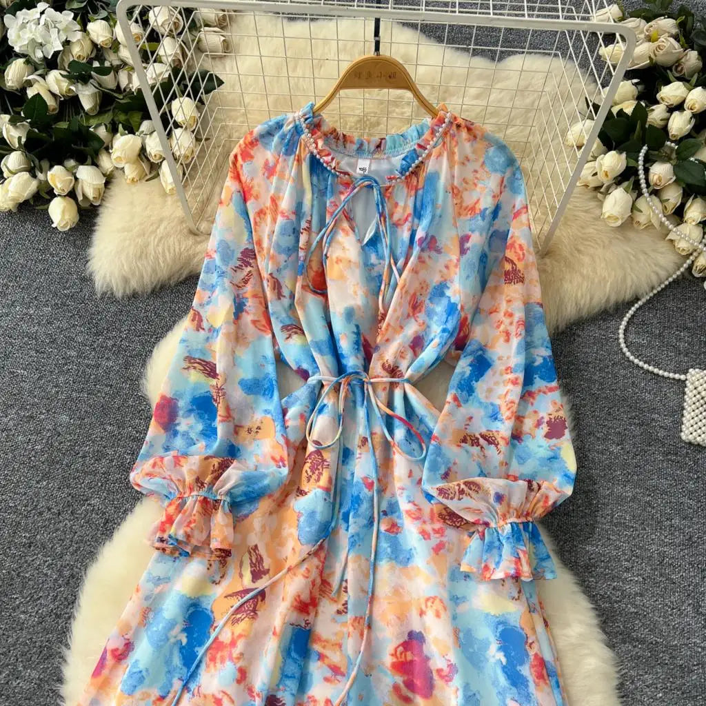 Elegant Floral Print Party Dress for Women French O-Neck Embroidered Flares Lace Up Lantern Long Sleeves Chiffon Long Dresses