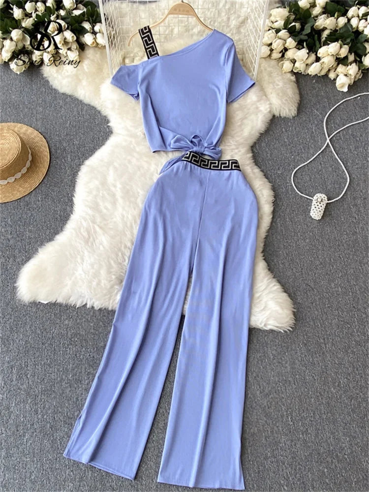 SINGREINY Vacation Casual Sports Suits Summer Off Shoulder Short Camis Tops+High Waist Wide Leg Pants Women Y2K Two Pieces Sets