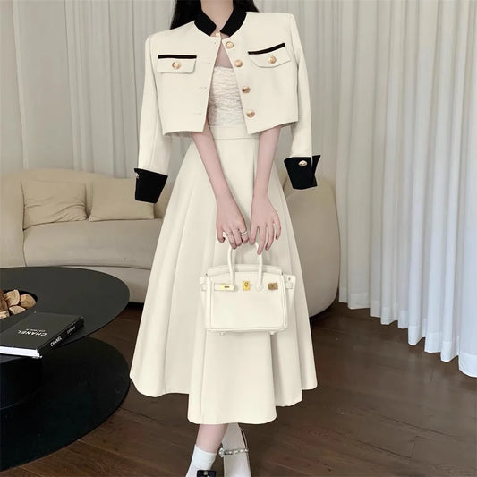 Women’s Elegant Two Piece Set Trendy Chic Sets Single Breasted Cropped Jacket Coat+High Waist Midi A-line Skirts Female Spring