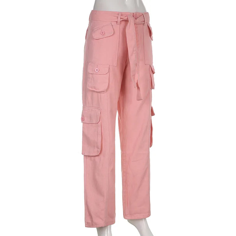 Women's High Waist Cargo Pants with Lace Belt Street Multi Pocket Straight Leg Casual Trousers Spring Autumn New Y2K Vintage