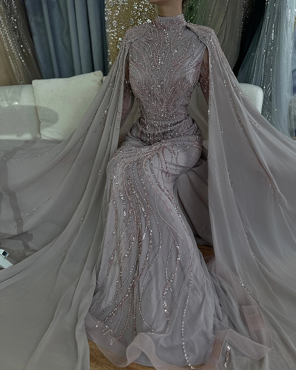 Serene Hill Muslim Sage Green Mermaid Long Cape Beaded Satin Luxury Evening Dresses Gowns For Women Party 2024 LA72413A