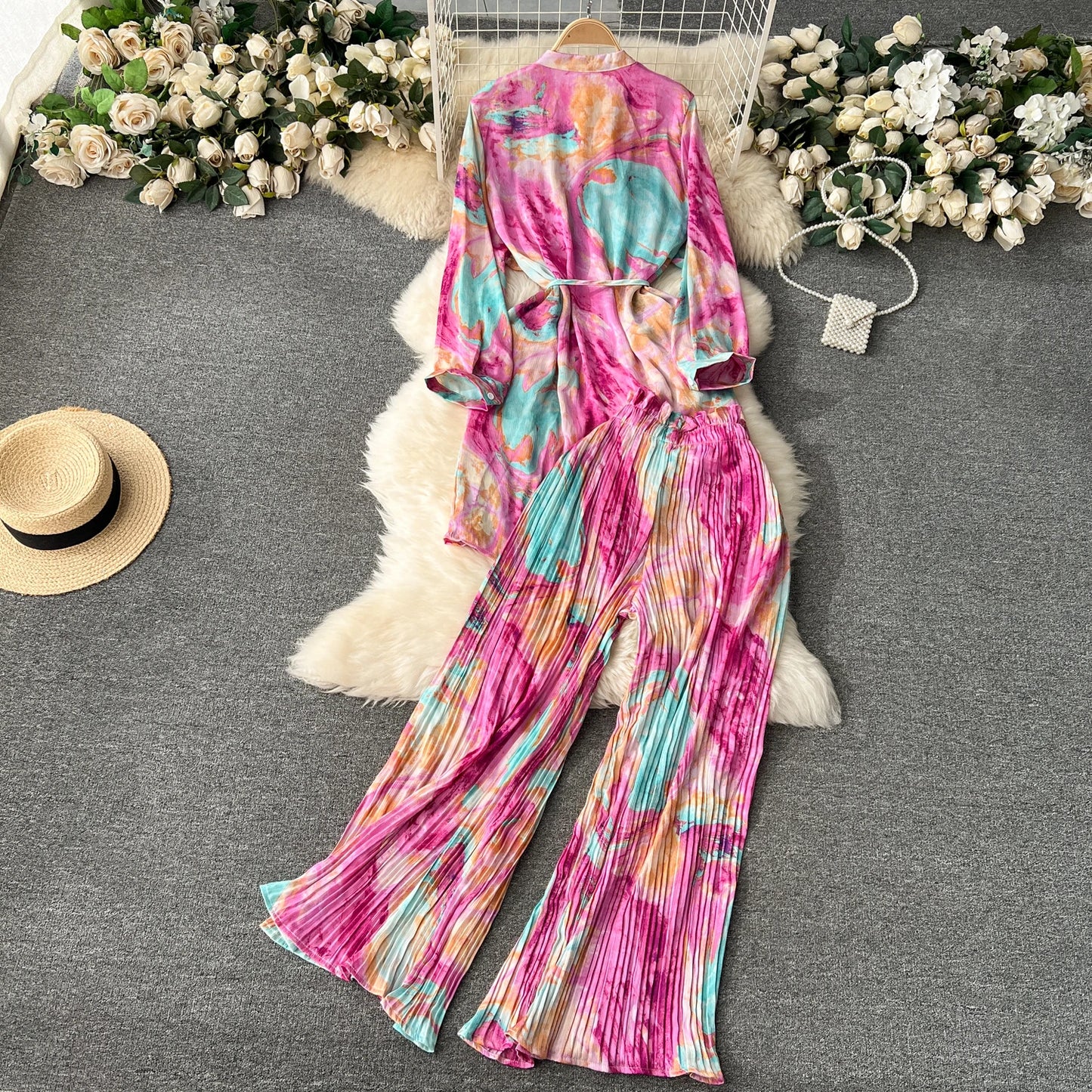 Autumn New Fashion European Lace Up Mid Length Print Top Dress Women's Elegant High Waist Casual Wide Leg Pants Two Piece Set
