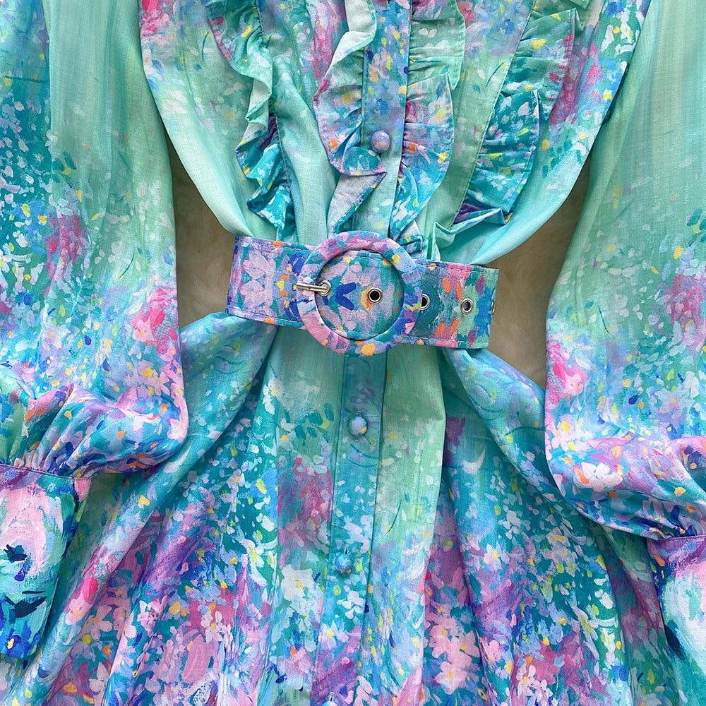Mini Dresses For Women Frill Trim Long Sleeve Spring Vacation Dress Stand Collar Elegant Vintage Floral Print Dress With Belt