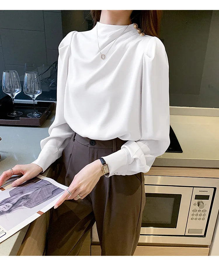 Autumn New Women's Style Stand up Collar Pleated Long Sleeve Top Fashion Lantern Sleeve Loose Elegant Solid Color Shirt Blouse