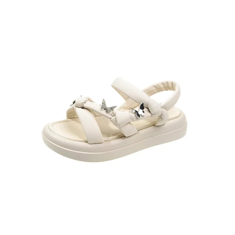 2024 Summer Low Sandals Woman Leather Bow Shoes Clear Heels Soft Low-heeled Comfort Clogs New Girls Fashion Slipper Rome Casual