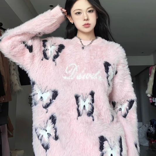 2024 Spring Autumn New Butterfly Embroidered Soft Sweater Round Neck Long Sleeve baggey Pullover Women Oversized Casual Sweaters