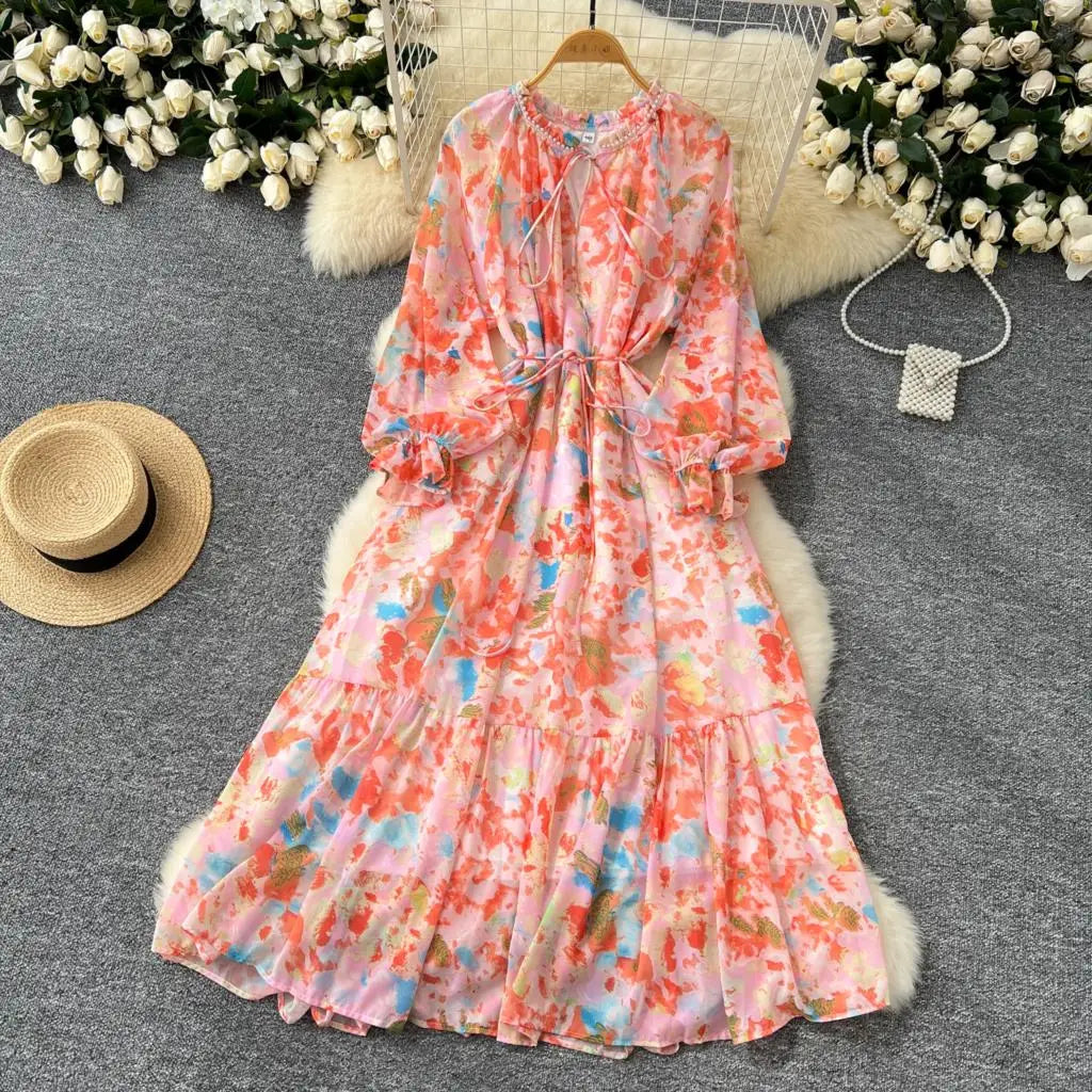 Elegant Floral Print Party Dress for Women French O-Neck Embroidered Flares Lace Up Lantern Long Sleeves Chiffon Long Dresses
