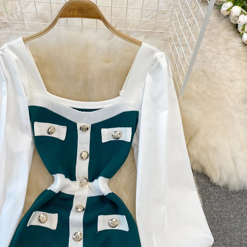 Vintage Elegant Patchwork Square Neck Long Sleeve Knit Dress Casual Women Fashion High Waist Summer Spring Hip Wrap Dress