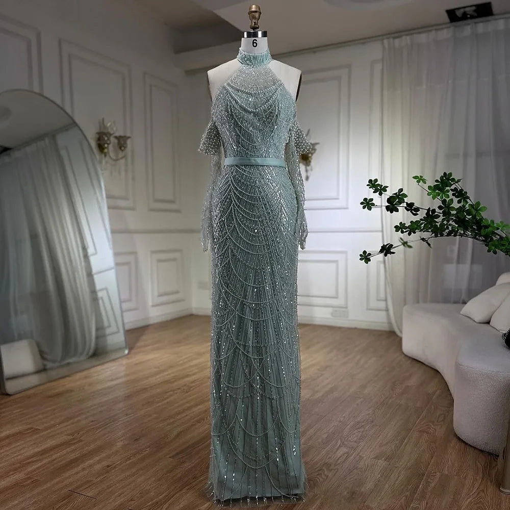 SERENE HILL Dubai Arabic Nude Mermaid With Gloves Luxury Beaded Evening Dresses Gowns 2024 For Women Wedding Party GLA72032A