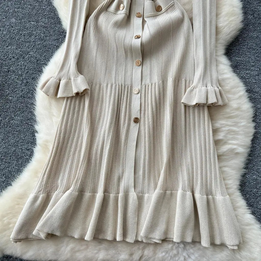 Elegant Women Solid Knitted Dresses Autumn V-Neck Single Breasted Chic Flared Sleeve Ruffles Hem Casual Female Slim Office Robes