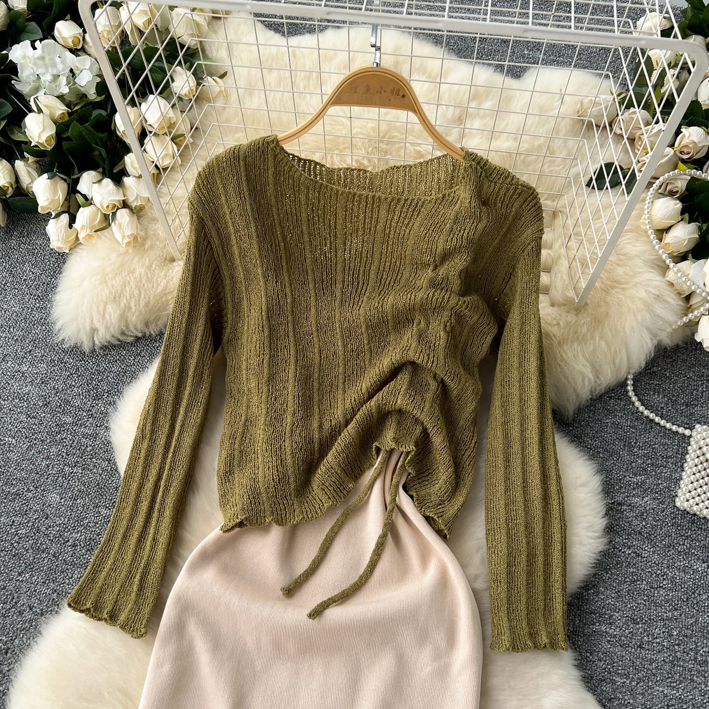 French Vintage Shirring lool sleeve slip knit overcoat with sweet slip A-line Chic Casual Vacation Women Summer dresses