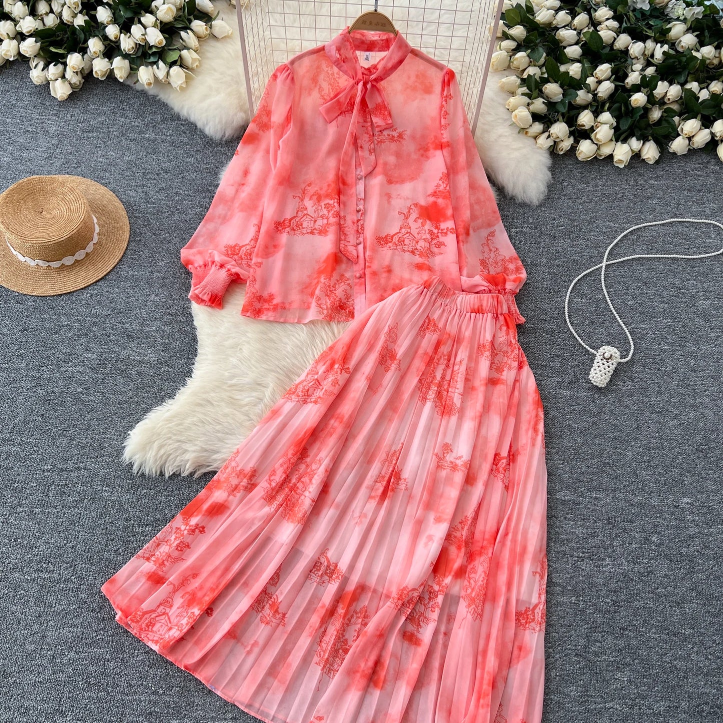Women Chic Print Sweet Two Pieces Sets Bow Lantern Long Sleeve Top  High Waitst Wide Skirt Fashion Summer Sets