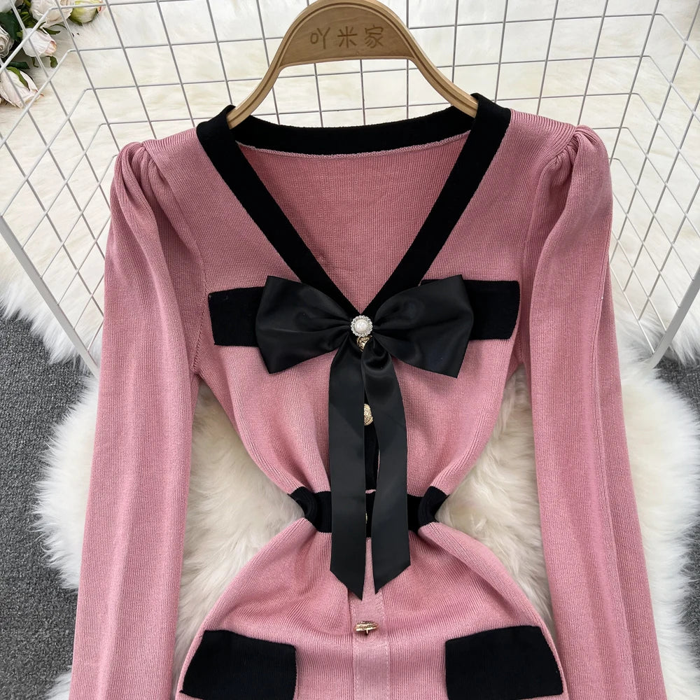 Women Elegant Butterfly Long Sleeve Bodycon V Neck Split Dress Vintage French Slim Knit Tight Vestido Autumn Winter Sweater Robe