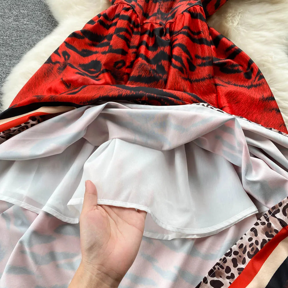 Women Vintage Party Dress Summer Leopard Print Three-dimensional Midi Dresses Ladies Elegant A Line High Waist Long Robe