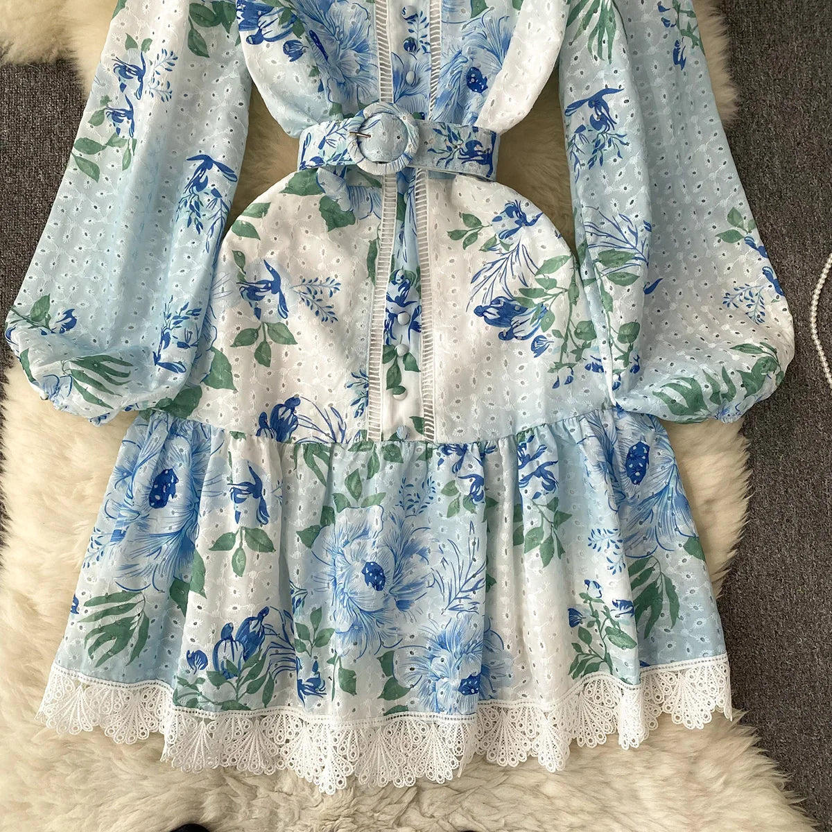 Elegant Party Dresses Woman Lace Trim Cutwork Embroidery Vintage Floral Print Dress 2023 New In Long Sleeve Mini Dress With Belt