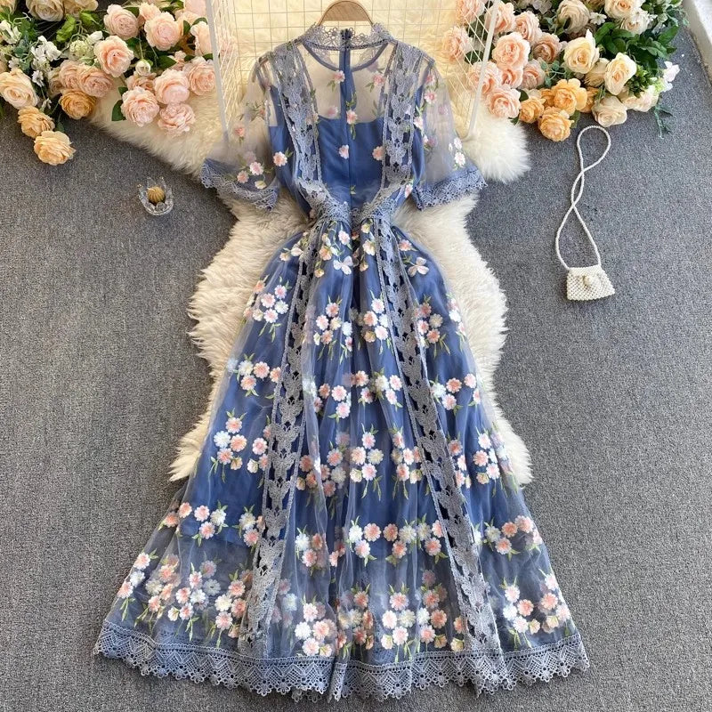 Elegant Mesh Embroidery Dress Women Korean Fashion Summer O Neck Short Sleeve Long Mesh Dress Party Vestidos