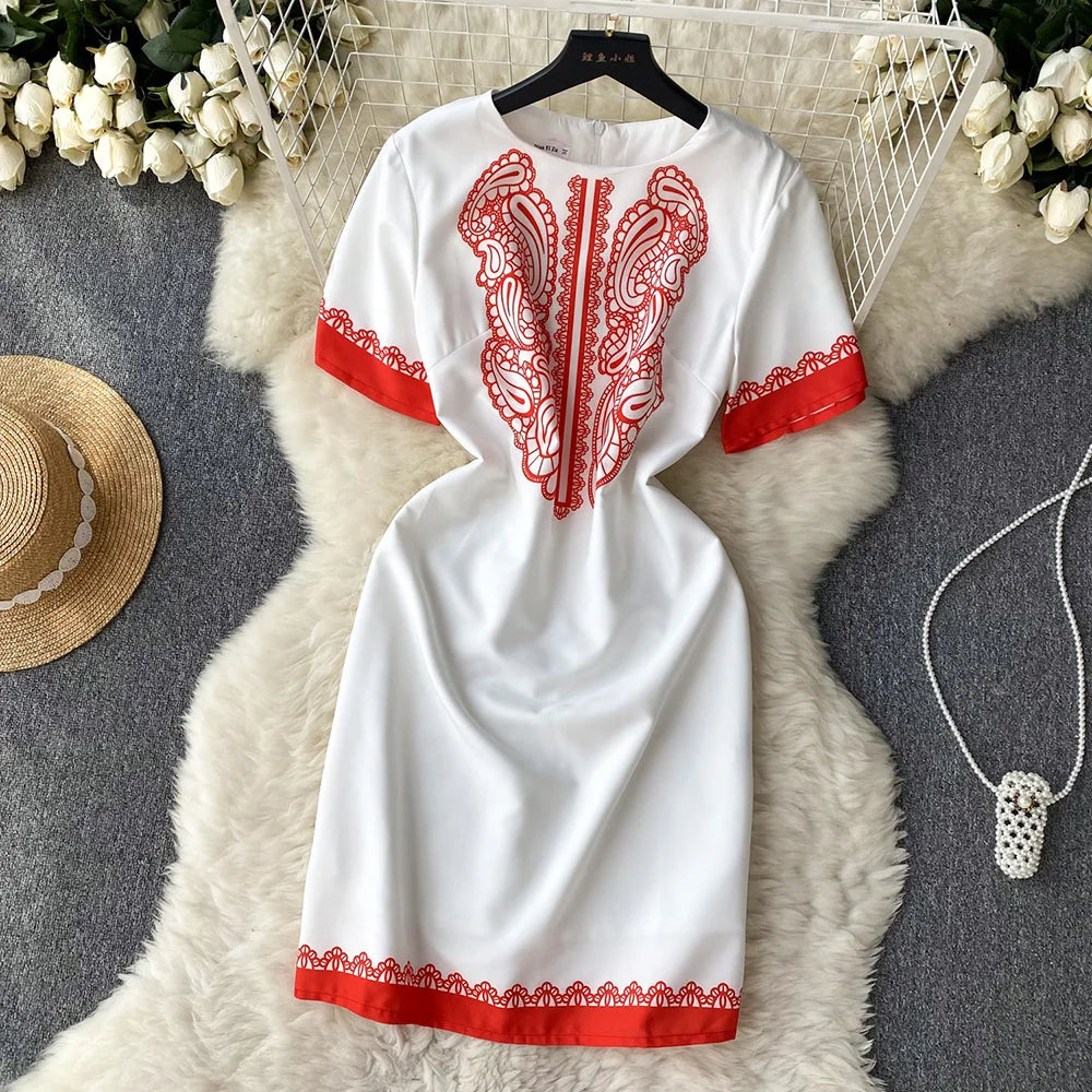 Summer Dresses Fashion Women Clothing 2023 Wedding Party Elegant Vintage Print Dress Round Neck Short Sleeve Straight Mini Dress