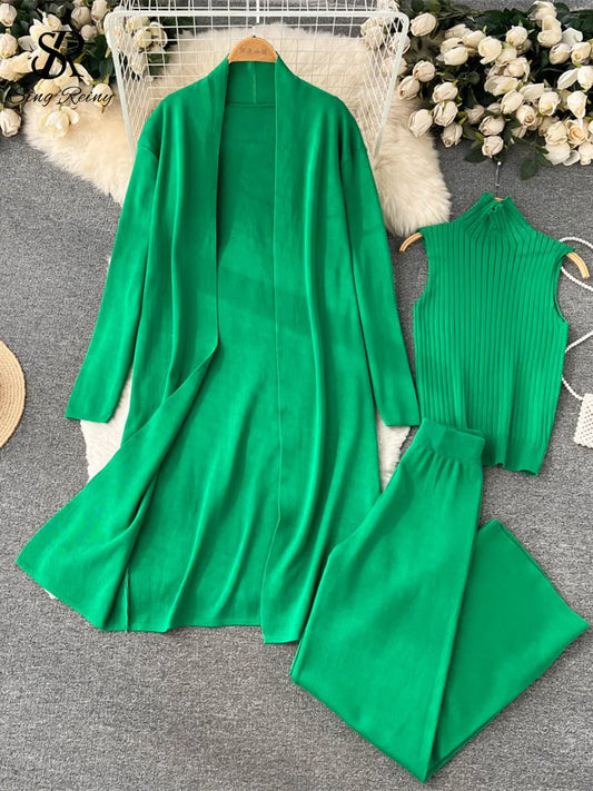 SINGREINY Winter Casual Knitted Three Pieces Suits Women Long Sleeve Cardigans+Turtleneck Knit Tank Top+Warm Long Pant Sets