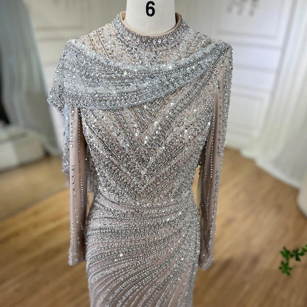 Serene Hill 2024 Muslim Silver Nude Beaded Sparkle Elegant Luxury Mermaid Evening Dresses Gowns for Women Party LA70752H