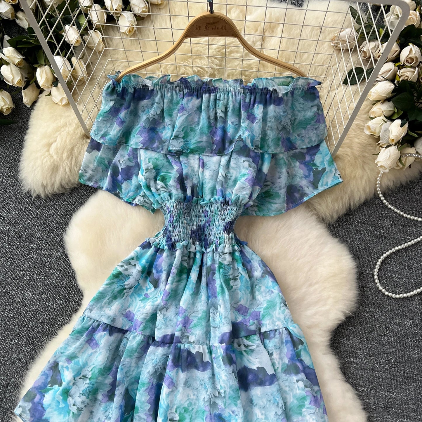 French Vintage  off shoulder short sleeve ruffle Dress Chic Casual Beach Vacation Women Summer chiffon dresses