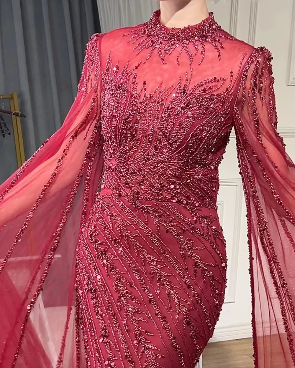 Serene Hill 2024 Nude Cape Sleeves Mermaid Lace Beaded Luxury Dubai Long Evening Dresses Gowns For Formal Occasion LA71885A
