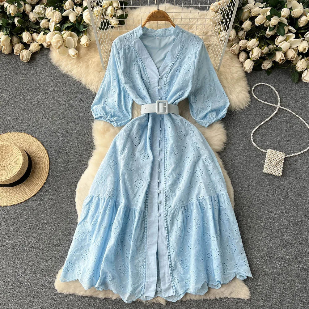 Summer V-neck Hollow Out Dress Women Bubble Sleeves Loose Embroidered Ruffle Edge Long Dresses Ladies Elegant Casual Long Robe