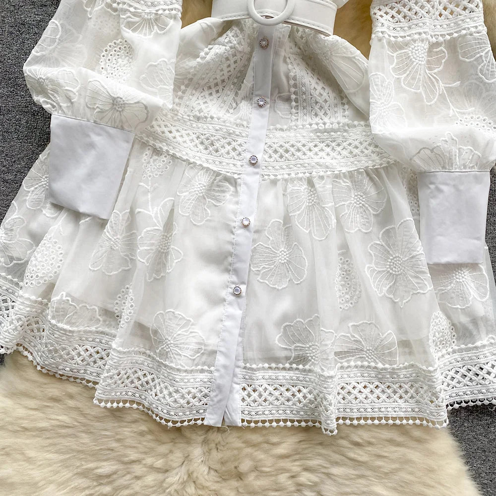 Spring Dresses 2024 Crochet Trim Cutwork Embroidery Mini Holiday Dress Women Stand Collar Long Sleeve Elegant Party Dresses