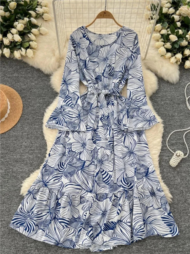 Women Vintage Print Dress for Women Autumn Flare Long Sleeves Lace Up Ruffles Slim Waist Evening Party Dresses A-Line Vestidos