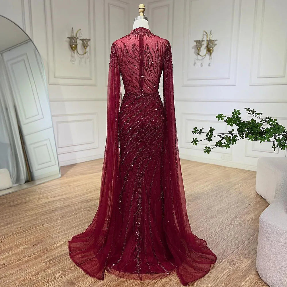 Serene Hill 2024 Nude Cape Sleeves Mermaid Lace Beaded Luxury Dubai Long Evening Dresses Gowns for Women Wedding Party BLA71885A