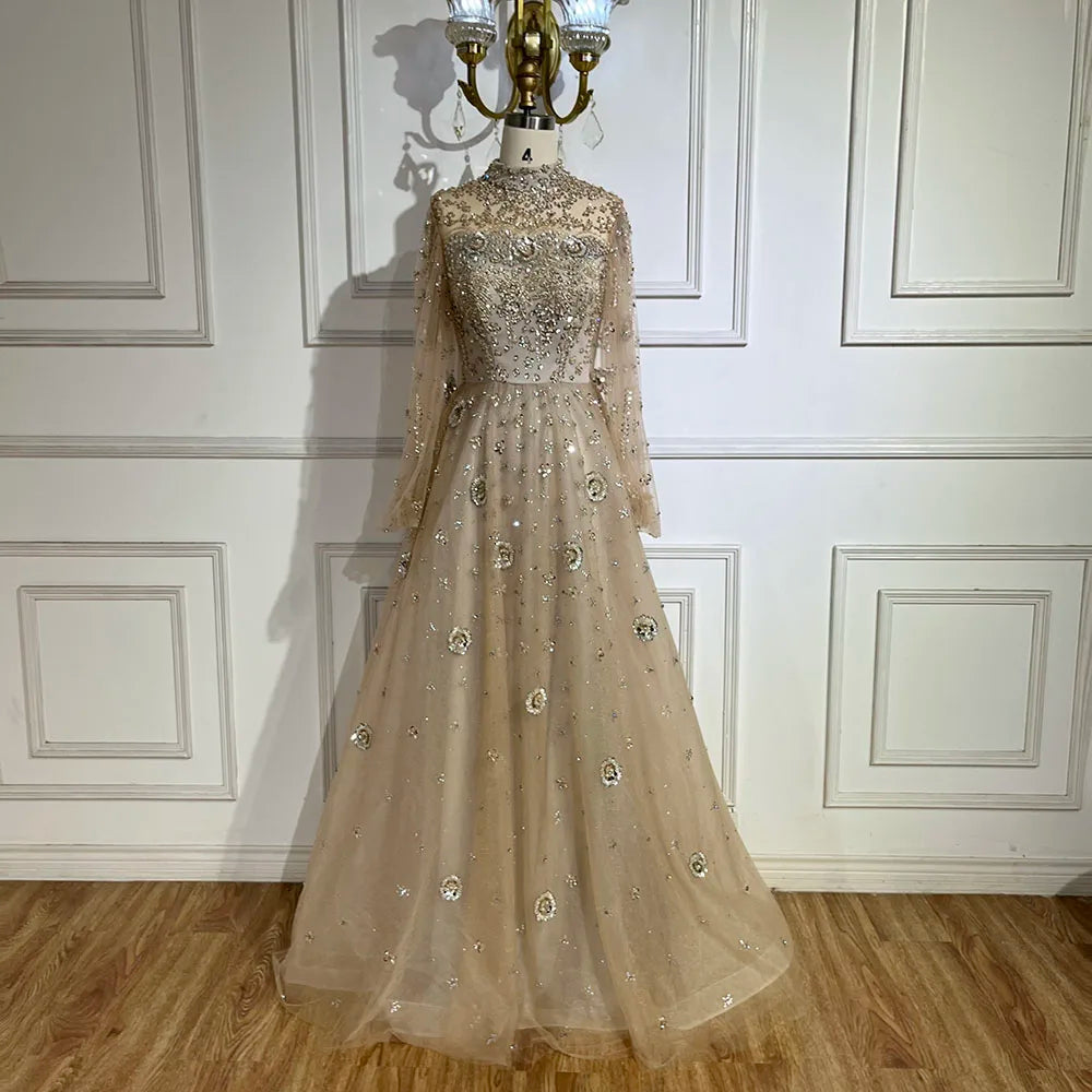 Serene Hill Muslim Nude A-Line Beaded Luxury Elegant Dubai Long Evening Gown for Women - Wedding Party 2024  LA72594